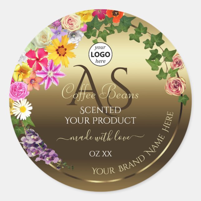 Gold Product Labels Colourful Flowers Monogram Log (Front)