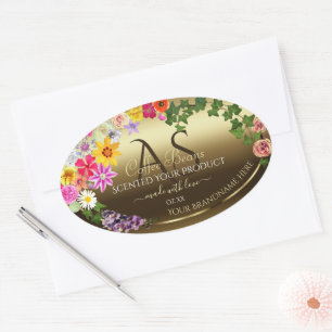 Gold Product Labels Colourful Flowers with Monogra
