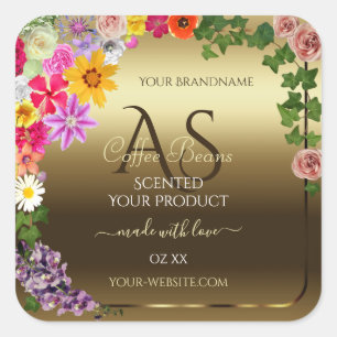 Gold Product Labels Colourful Flowers with Monogra