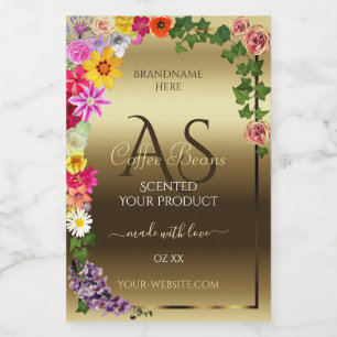 Gold Product Labels Colourful Flowers with Monogra