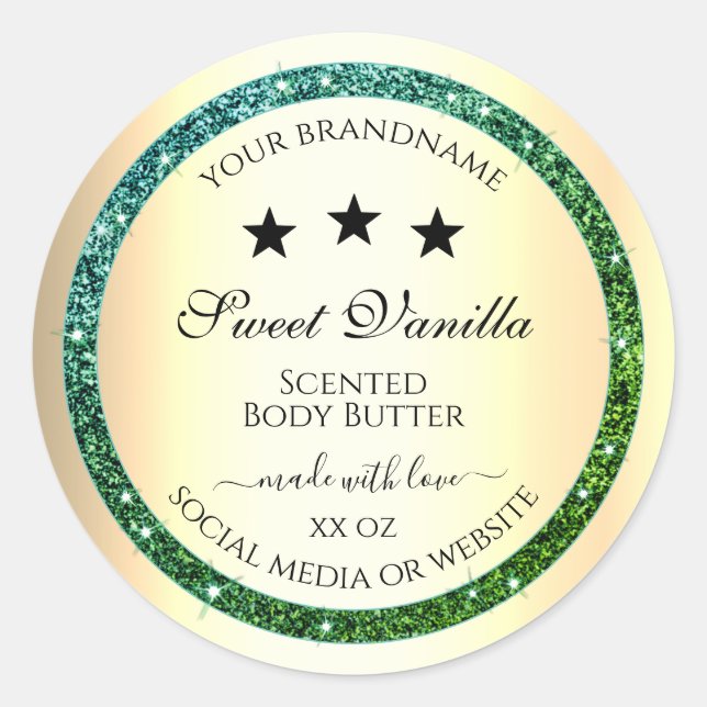 Gold Product Packaging Labels Teal Green Glitter (Front)