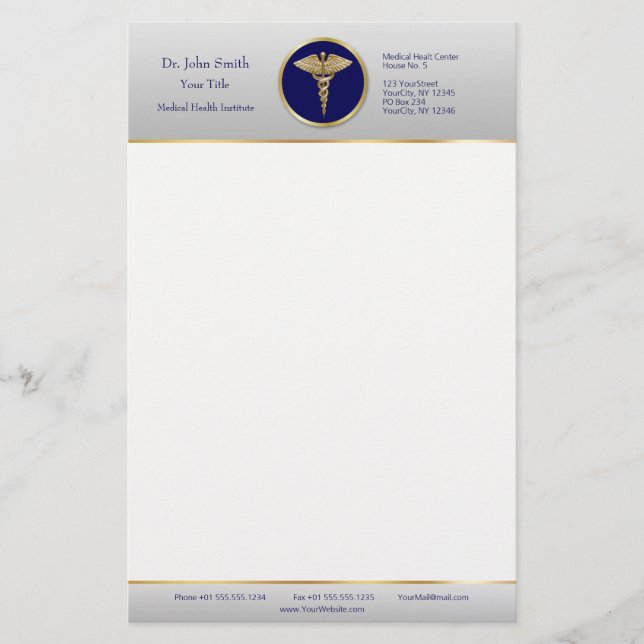 Gold Professional Blue Medical Caduceus Stationery (Front)
