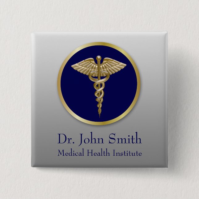 Gold Professional Caduceus Blue Medical 15 Cm Square Badge (Front)