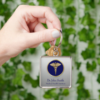 Gold Professional Medical Blue Caduceus Key Ring