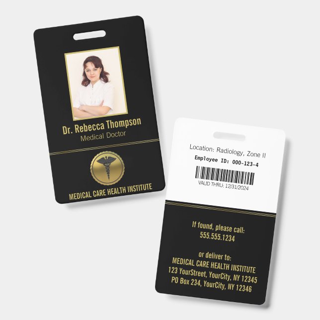 Gold Professional Medical Caduceus Emblem Photo ID Badge (Front & Back)