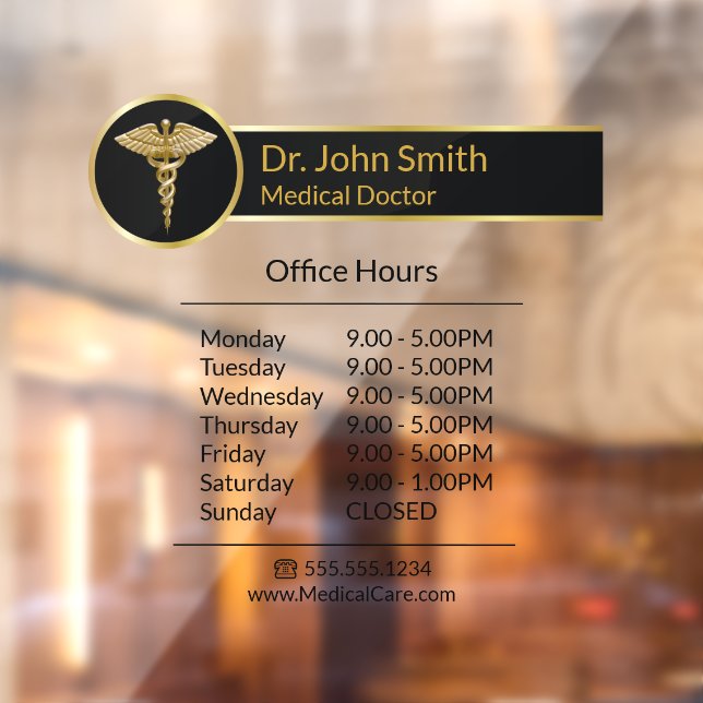 Gold Professional Medical Caduceus Opening Hours Window Cling (Sheet 2)