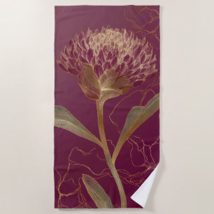 Gold Protea Flower Burgundy Botanical Linework Beach Towel
