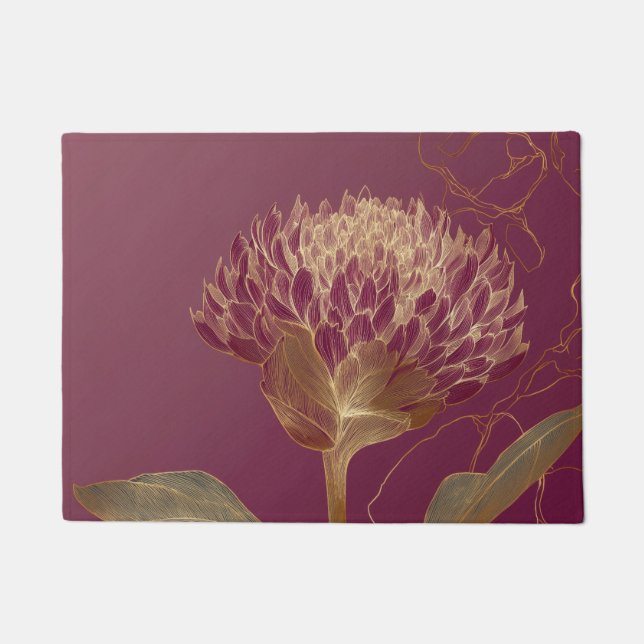 Gold Protea Flower Burgundy Botanical Linework Doormat (Front)
