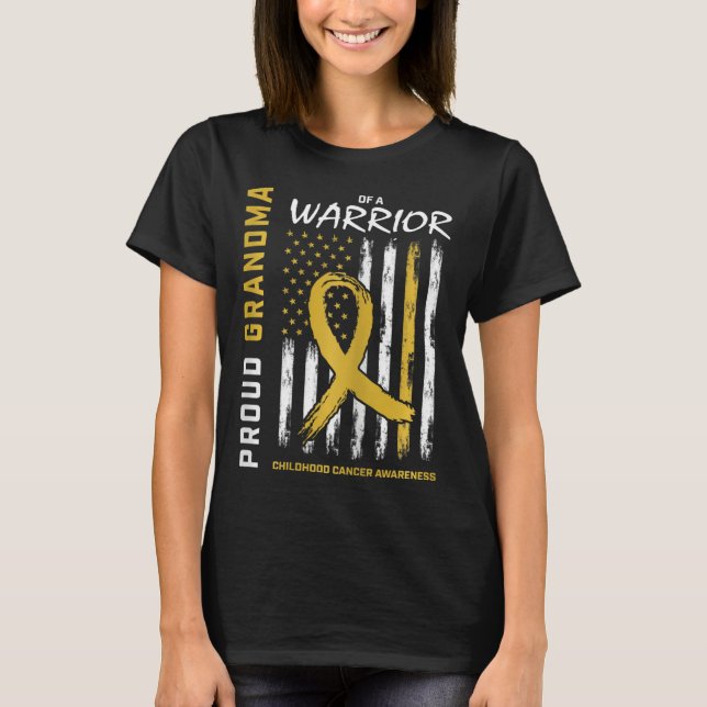 Gold Proud Grandma Childhood Cancer Awareness Amer T-Shirt (Front)