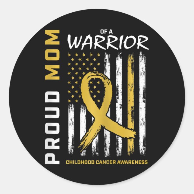 Gold Proud Mum of a Warrior Childhood Cancer Aware Classic Round Sticker (Front)