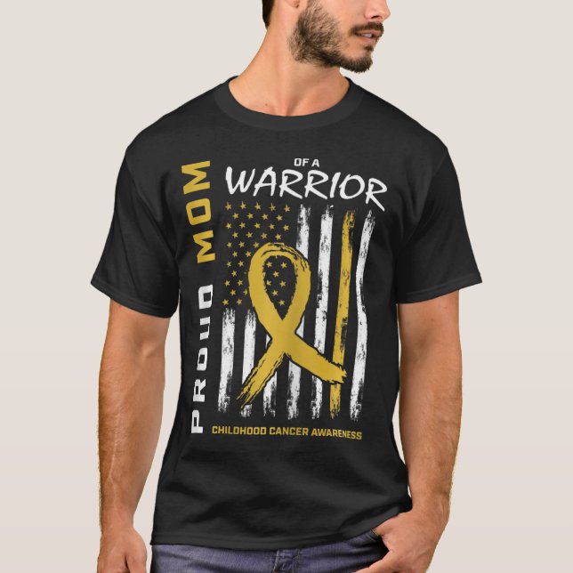 Gold Proud Mum of a Warrior Childhood Cancer Aware T-Shirt (Front)