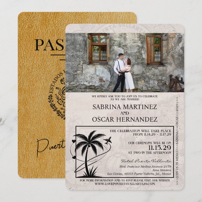 Gold Puerta Vallarta Passport Wedding Invitation (Front/Back)