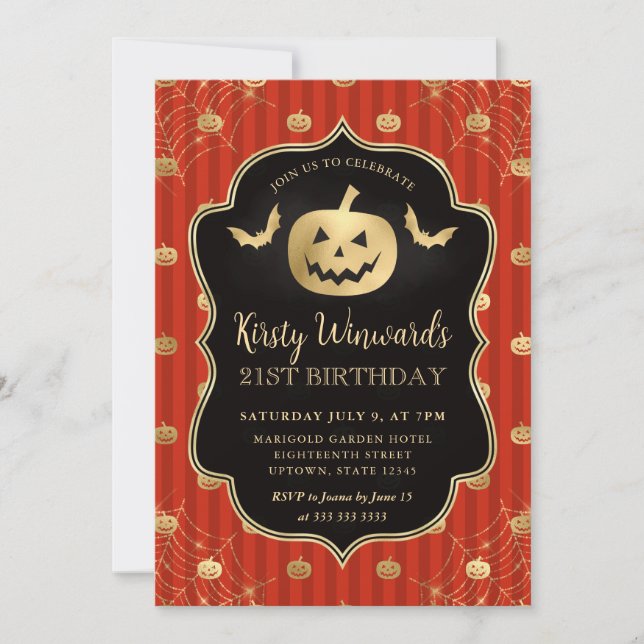 Gold Pumpkin and Orange Stripes 21st Birthday Invitation (Front)