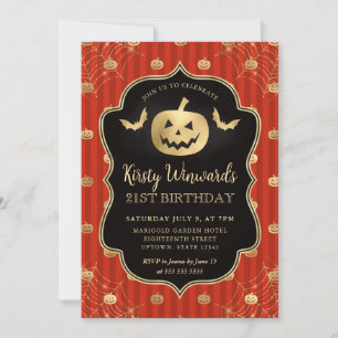 Gold Pumpkin and Orange Stripes 21st Birthday Invitation