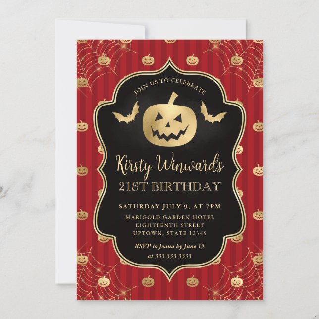 Gold Pumpkin and Red Stripes 21st Birthday Invitation (Front)