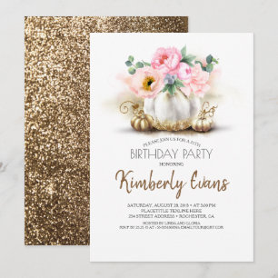 Gold Pumpkin Blush Pink Floral Fall Birthday Invitation