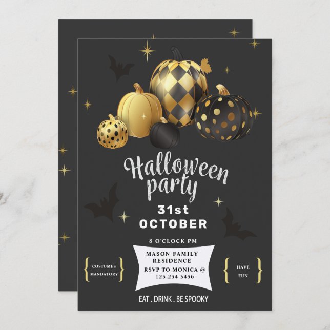 Gold Pumpkin Elegant Halloween party Invitation (Front/Back)