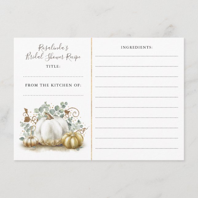 Gold Pumpkin Fall Bridal Shower Recipe Enclosure Card (Front)