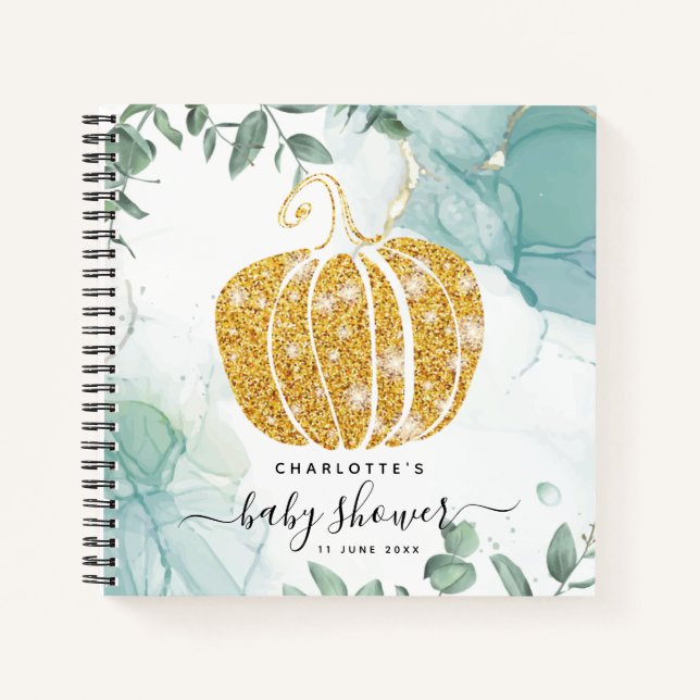 Gold Pumpkin Fall Green Baby Shower Guestbook Notebook (Front)