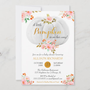 Gold Pumpkin Fall Pink Floral Baby Shower Invitation