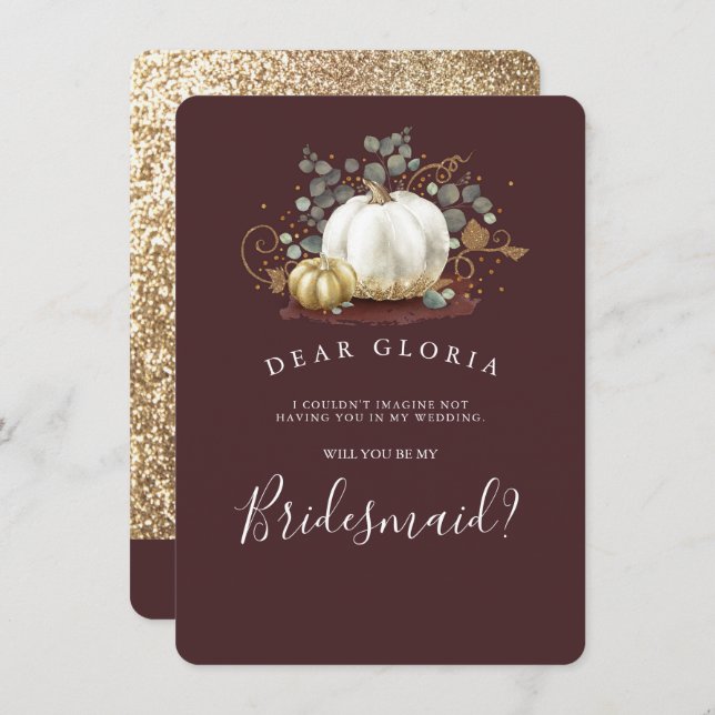 Gold Pumpkin Fall Wedding Bridesmaid Proposal Invitation (Front/Back)