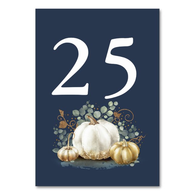 Gold Pumpkin Fall Wedding Table Number Navy Blue (Front)