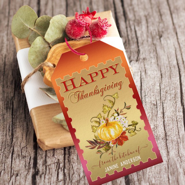 Gold Pumpkin Floral Thanksgiving Gift Tag (Creator Uploaded)