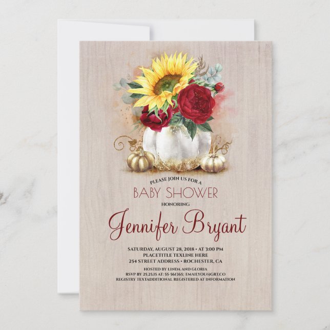 Gold Pumpkin Floral Vase Rustic Fall Baby Shower Invitation (Front)