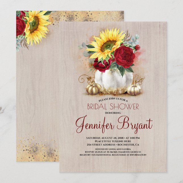 Gold Pumpkin Floral Vase Rustic Fall Bridal Shower Invitation (Front/Back)