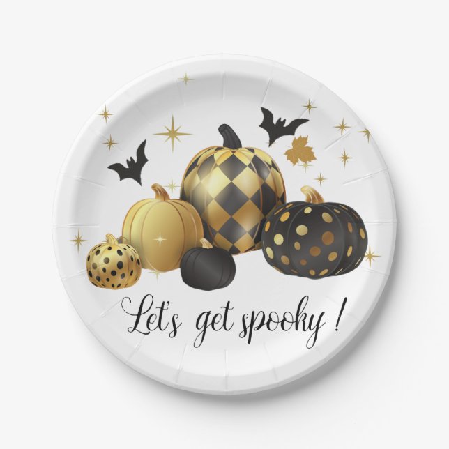 Gold Pumpkin Let's Get Spooky Halloween Paper Plate (Front)