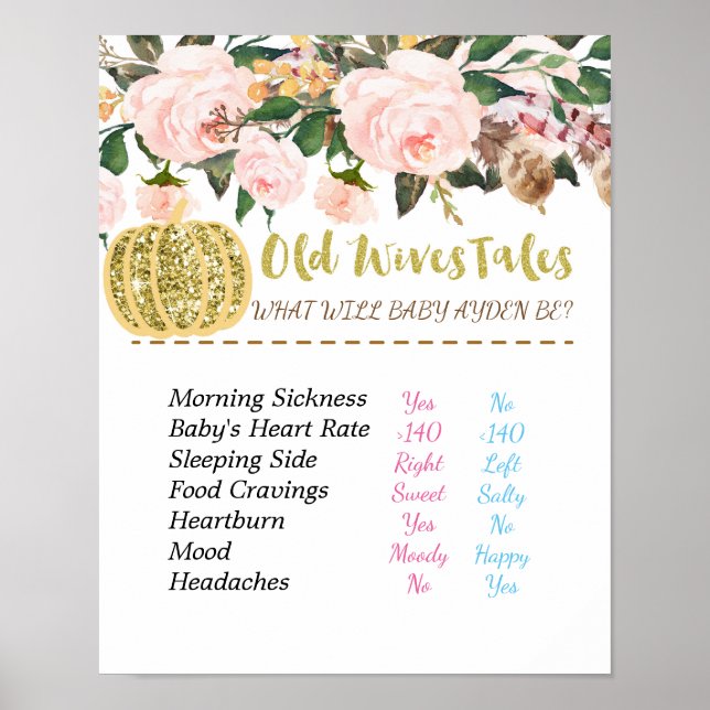 Gold Pumpkin Old Wives Tales Gender Reveal Board Poster (Front)