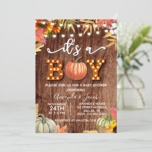 Gold Pumpkin Rustic It's A Boy Baby Shower Invitation