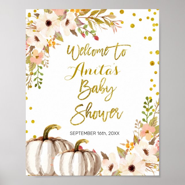Gold pumpkin Watercolor Baby Shower Welcome Sign (Front)