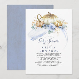 Gold Pumpkins Dusty Blue Floral Fall Baby Shower Invitation