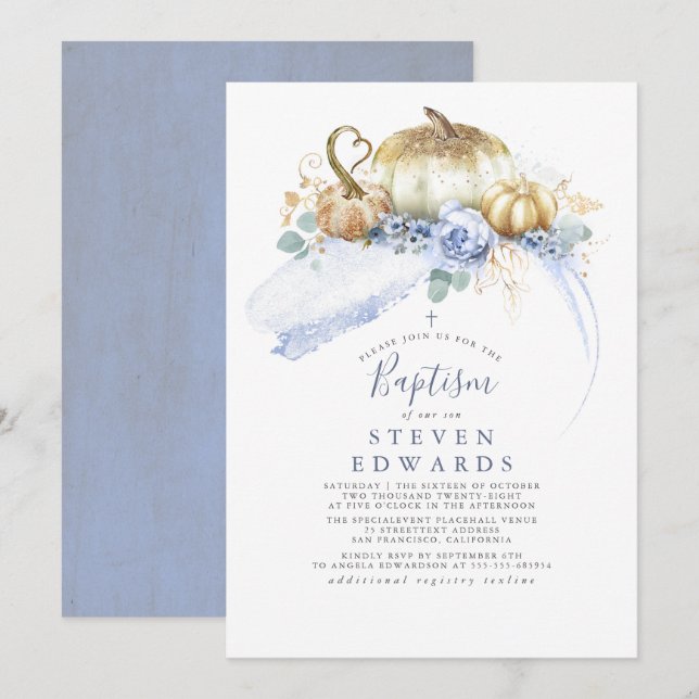 Gold Pumpkins Dusty Blue Floral Fall Baptism Invitation (Front/Back)
