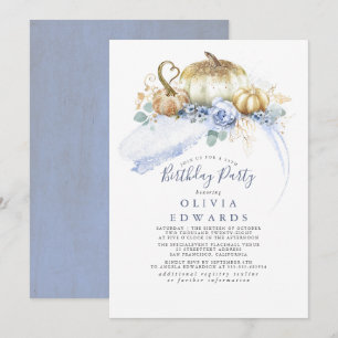 Gold Pumpkins Dusty Blue Floral Fall Birthday Invitation