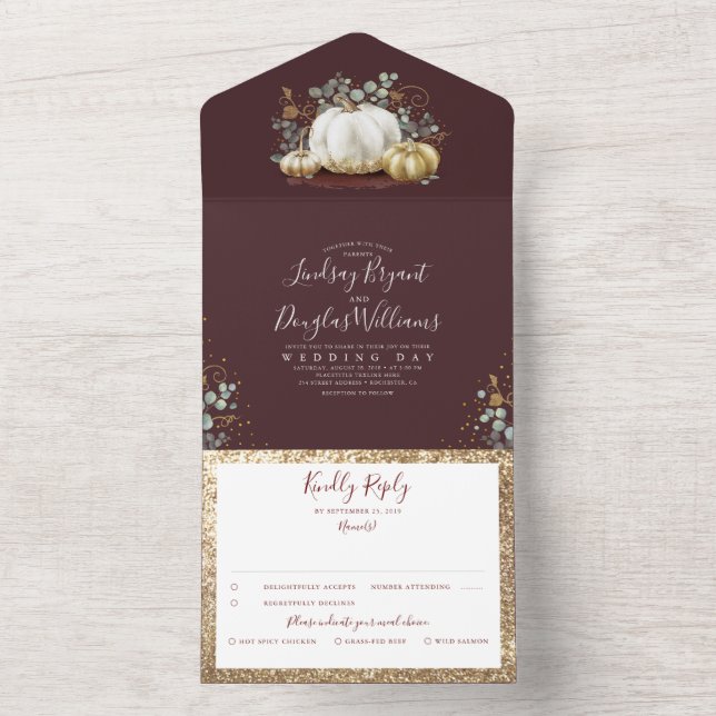 Gold Pumpkins Eucalyptus Fall Burgundy Red Wedding All In One Invitation (Inside)