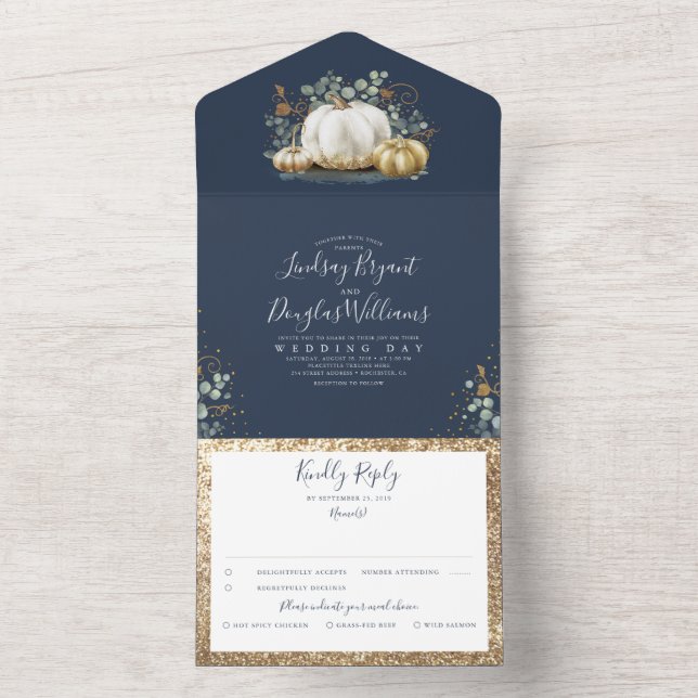 Gold Pumpkins Eucalyptus Fall Navy Blue Wedding All In One Invitation (Inside)