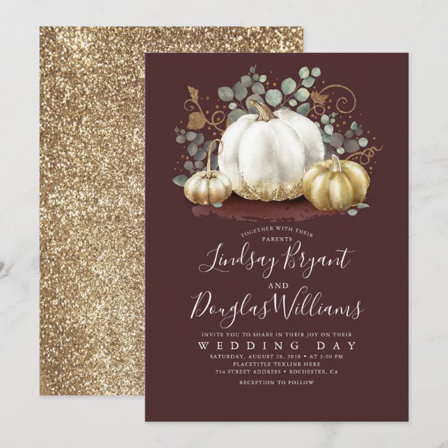 Gold Pumpkins Rustic Burgundy Red Fall Wedding Invitation (Front/Back)