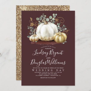 Gold Pumpkins Rustic Burgundy Red Fall Wedding Invitation