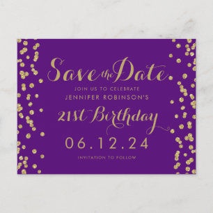 Gold Purple 21st Birthday Save The Date Confetti Announcement Postcard