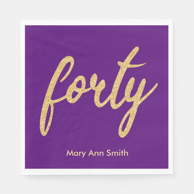Gold Purple 40 Birthday Party Glitter "Forty" Napkin (Front)