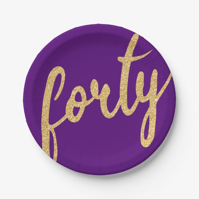 Gold Purple 40 Birthday Party Glitter "Forty" Paper Plate (Front)
