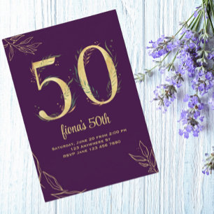 Gold Purple 50 and Fabulous Birthday Invitations
