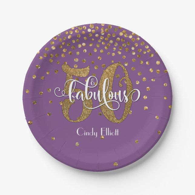 Gold Purple 50 & Fabulous Typography Birthday Paper Plate (Front)