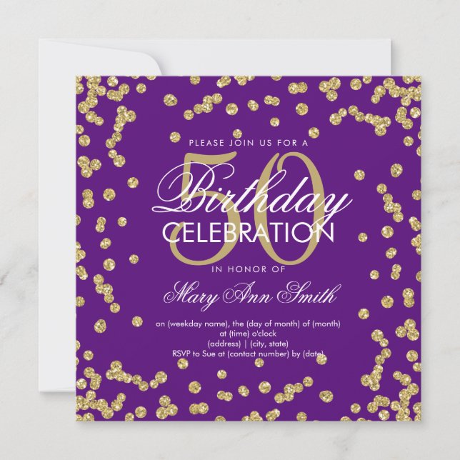 Gold Purple 50th Birthday Elegant Glitter Confetti Invitation (Front)
