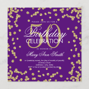 Gold Purple 50th Birthday Elegant Glitter Confetti Invitation