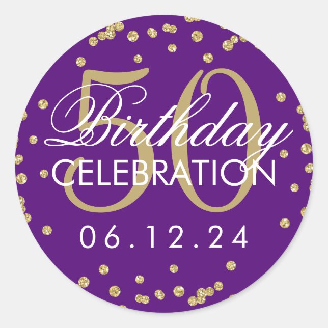 Gold Purple 50th Birthday Glitter Confetti Classic Round Sticker (Front)