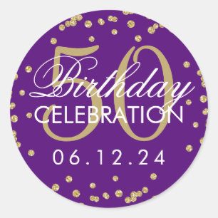 Gold Purple 50th Birthday Glitter Confetti Classic Round Sticker