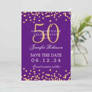 Gold Purple 50th Birthday Save the Date Details Invitation